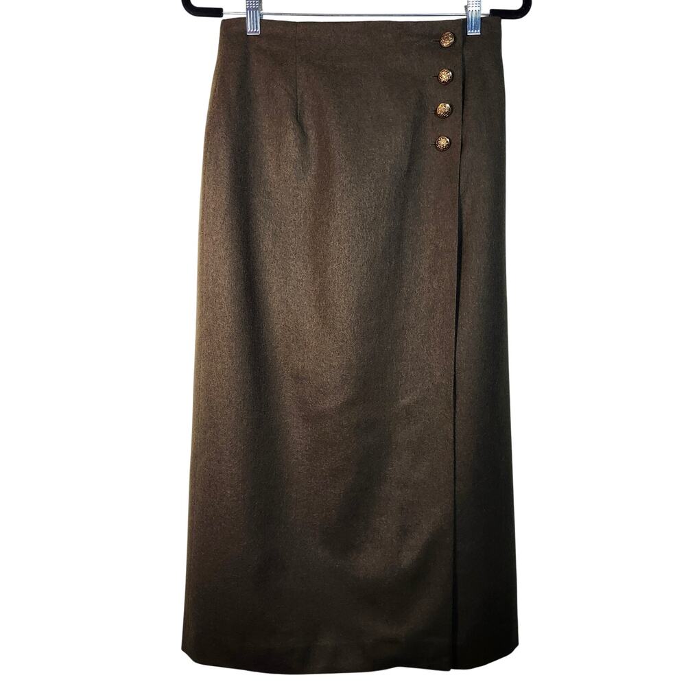 Vintage 90's Dana Pierce Dark Green Wool Wrap Midi Skirt Size 10